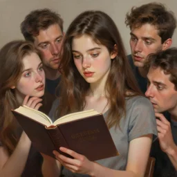 hyperrealistic painting of a beautiful young woman holding a book while a woman and three men peep into the book from behind, detailed digital art, trending on artstation,