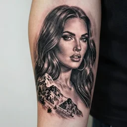 double exposure effect tattoo design sketch of megan fox with beautiful mountains, realism tattoo, in the style of den yakovlev, amazing detail, sharp