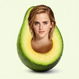 photograph of emma watson with green avocado skin, anthropomorphic, photoshop