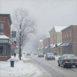 american small town street, cars, winter morning, snow storm, a painting by kenton nelson