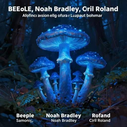 macro of blue mushrooms fungi glowing blue. Forest floor at night lit by eerie blue glow. Digital painting. Beeple. Noah Bradley. Cyril Roland