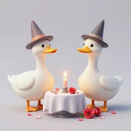 two ducks with funny hats on their heads having a romantic dinner with candles champagne petals roses, gloomhaven, matte painting concept art, art nouveau, beautifully backlit, swirly vibrant color lines, fantastically gaudy, aesthetic octane render, 8 k hd resolution