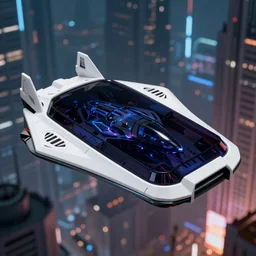 Rectangular dark glass and plastic flying sci-fi vehicle in a futuristic city in the style of Bladerunner and Tron, designed by f-117, x-wing, octane render, product shot