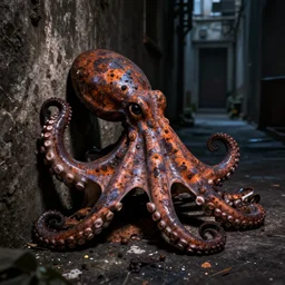 a widescreen photo of a old rusty octopus, in a dark alley, low light, by steve mccurry