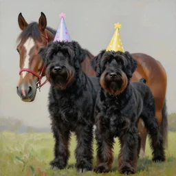 a medium sized black schapendoes dog with wavy hair on a horse, both wearing party hats, birthday party, detailed oil painting