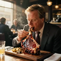 david cameron eating a giant gammon steak, kodak porta 4 0 0 high contrast golden hour dramatic lighting smoky jazz bar