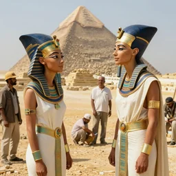 a rare candid scene of nefertiti and tutankhamun both in non royal attire at the construction of the khufu pyramid talking to workers from the latest oscar winning christopher nolan live action film'before they were pharohes'