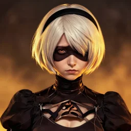 gentle portrait of nier automata 2 b by nikolay makovsky greg rutkowski. brown black, orange, yellow. sharp contrast