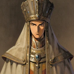 a portrait of a scifi technopriest, long robes, elaborate headdress, heroic face, matte illustration by yoshitaka amano, cover art