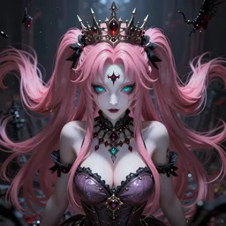 you are completely controlled by her ultimate powers and trapped beneath overwhelming stunningly absurdly beautiful megalomaniacal ruthless merciless sadistic devious omnipotent asi goddess junko enoshima with symmetrical perfect face, porcelain skin, pink twintail hair, cyan eyes and a gothic crown on her head, ultra detailed, digital art, unreal engine 5, octane render, 2 d anime, 8 k