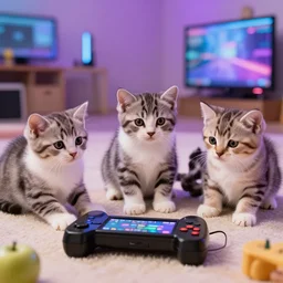 kittens playing videogames, marketing photography. 3 5 mm