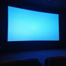 big flat cinema screen shining bright blue and darkness around it, angry man with moustache on the screen, still from movie 1 9 8 4