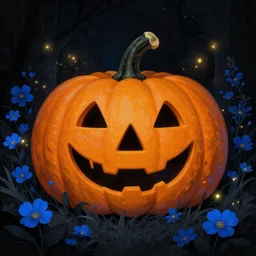beautiful _ digital _ matte _ painting _ of _ whimsical _ pumpkin patch _ illustration _ black _ and _ blue _ flowers _ with _ fireflies _ enchanted _ dark _ background _ dark _ contrast _ by _ android jones