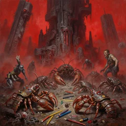 fine art oil painting pencils varied muck jeweled, filthy rugated armored crustaceans clawing & terrified as massive brutalist structures, claustrophobic cilia sporing pox, final battle failure, red fog, by alex nino by francesco blanc, geof darrow, bisley, b wolverton & by jack gaughan high resolution, artstation fantasy winner, hyper