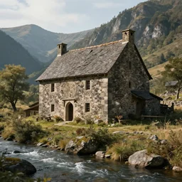 a medieval stone house in a mountain near a river, extremely highly detailed, high quality, 8k HDR, trending on Artstation, concept art, cinematic lighting, DeviantArt