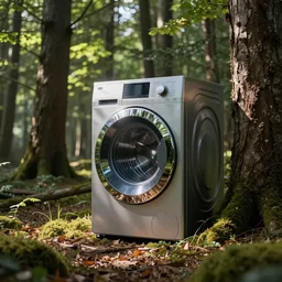 futuristic washing machine in a timber forest, spring, cinematic lighting, shot on arri alexa