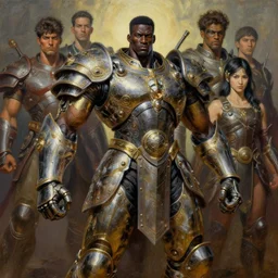 Hajime Sorayama designed Metallic Robot  powerful and muscular male african warrior, ornate armour, realistic oil painting by Thomas Cole and Wayne Barlowe , Darek Zabrocki, Karlkka, Jayison Devadas, Phuoc Quan, trending on Artstation, 8K, ultra wide angle, pincushion lens effect