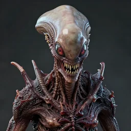 portrait of a terrifying space alien, varying detailed fractal skin, meat monstrosity, eyes containing big iris, bones piercing, dragon scales, realistic render, detailed, slimy unreal engine, symmetrical!!, photorealistic, greg rutkowski and ruan jia, octane render