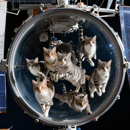 Photo of cats floating inside the International Space Station in zero gravity, highly-detailed 4K award-winning cinematic epic