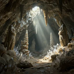 beautiful render of an underground cave system, unreal engine, first light, caves, crystals, stalagmites and stalactites, weird lighting effects, stone statues, natural light streaming in from above, soft light, by greg rutkowski, cgsociety