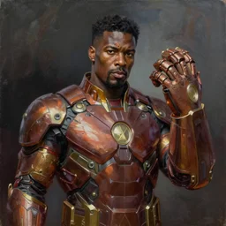oil painting of jerome powell with the infinity gauntlet, dramatic lighting and composition, trending on artstation, concept art, comic book