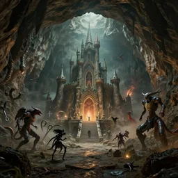perspective and vastness!!!!!, cave with a castle built underground!!!!, the god of small scissors!!, pitchburn devils!, security rhox, sauroform hybrid, forbidding spirit!!, guardian project, hackrobat!!!, cinematic, hyper realistic, detailed, 8k, octane render.
