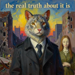 bright dramatic lighting colorful oil painting titled'the real truth about it is ', magical realism symbolist, portrait of hybrid animal protagonist in a ruined city, highly detailed, painted by grant wood and rene magritte, shocking detail trending on artstation 8 k