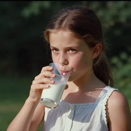 Home video footage, A girl drink a glass of milk, summer. Color VHS picture quality with mixed noise, Filmed by dad.
