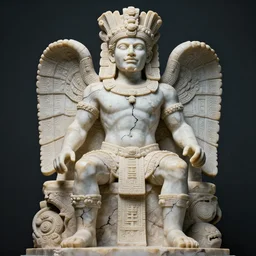 epic and dramatic view of quetzalcoatl statue made in albeta marble showing cracks in his full body, realistic and ultra detailed, 8 k