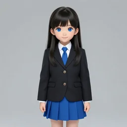 japanese style, a 1 5 - year - old girl with long black hair, wearing a black uniform and sky blue short skirt, blue pupils, blue tie, carrying a black backpack, watching the tram slowly approaching at the tram stop, surrealism, movie level realism, virtual engine 5, detail texture, real light and dark composition, mixer rendering