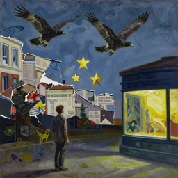 lonely night hawks, painting by shaun tan, detailed, intricate, torn paper decollage, oil on canvas by edward hopper, ( by mattias adolfsson, by john kenn mortensen ), by moebius
