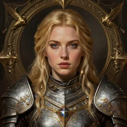 head-on centered symmetrical painted portrait, Elisha Cuthbert as a paladin, blonde hair, ornate RPG armour, dramatic lighting, intricate, fantasy, intricate, elegant, highly detailed, digital painting, smooth, sharp focus, illustration, dramatic lighting, artstation, in the style of Artgerm and Anna Podedworna and Ilya Kuvshinov