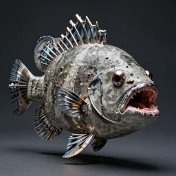 an exotic fish with multiple mouths made up of steel and concrete, dslr, fine details, soft light
