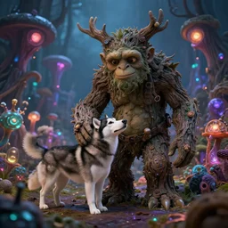 friendly Tree Golem petting a husky dog on a bioluminescent biome of oddities, oddities everywhere, enchanted, magical,  cinematic shot, intricate, ornate, photorealistic, ultra detailed, realistic, 100mm, photography, octane, high definition, depth of field, bokeh, 8k, behance, artstation