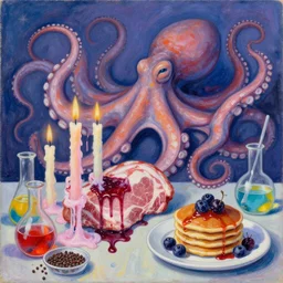 sensual, dripping candles, surgical equipment, giant octopus, a female emo art student, raw pork, berry juice drips, pancakes, berries, peppercorns scientific glassware full of coloured liquids, art supplies, candles dripping wax, neo - impressionist surrealism, acrylic and spray paint and oilstick on canvas