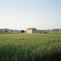 A serene landscape with a singular building in the style of Donato Giancola.