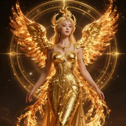 goddess of beauty, pheonix fire, cosmic, golden dressing, golden ratio, intricate, digital art, elegant, highly detailed, pompous, 8 k - n 4
