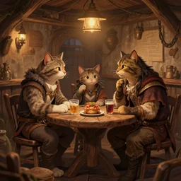 cat folk talking inside a tavern, fantasy art, cozy, dnd, digital art, 4 k