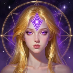centered head and shoulders portrait of a girl with glowing purple third eye chakra and golden hair, geometric third eye triangle, sci - fi face, cosmic geometric background, breathtaking stars, elegant, highly detailed, digital painting, artstation, concept art, smooth, sharp focus, illustration, anime asthetic, art by artgerm and greg rutkowski and alphonse mucha, acid pixie