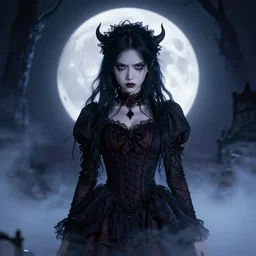 full shot portrait of angry darkness Clara Morgane as a cute anime girl at moonlight, gothic wearing, inspired by Tim Burton, Norihiro Yagi, WLOP, Marc Simonetti, Amano, Andrei Riabovitchev, detailed, unreal engine 4k volumetric light, fog,