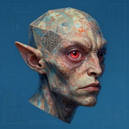 portrait of hexagon shaped gnoll head and shoulders with single centered giant bloodshot eye, in the style of Greg Broadmore and Arthur Rackham,trending on artstation, light lighting side view,digital art,surrealism ,macro,blueprint ,vaporwave ,