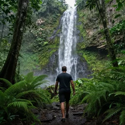 4 k realistic photo of a man walking through a jungle, lush rainforest, waterfall in the background,