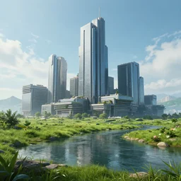 a cyberpunk building by a river in a grassy landscape, artstation, deviantart 4 k realistic