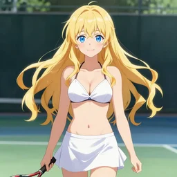 a very beautiful young anime tennis girl, full body, head, long wavy blond hair, sky blue eyes, full round face, short smile, bikini, miniskirt, front view, mid - shot, highly detailed, cinematic wallpaper by stanley artgerm lau