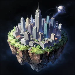 anime wallpaper of a city built on a floating island rock in space