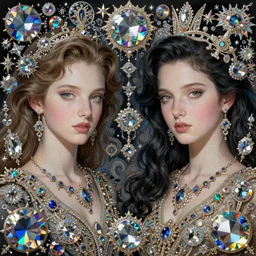 beautiful gemini twins portrait, ultra realistic, wide angle, intricate details, holographic artifacts, highly detailed by peter mohrbacher, hajime sorayama, wayne barlowe, boris vallejo, aaron horkey, gaston bussiere, craig mullins