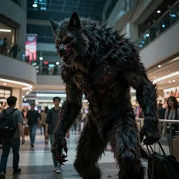 in the style of artgerm, rembrandt, rafael albuquerque, boris vallejo, large hairy werewolf in a shopping mall at night, moody lighting, over the shoulder shot, horror scary terror