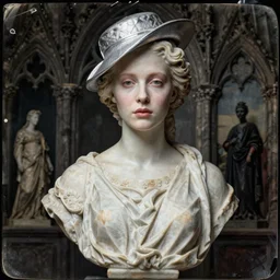 a woman with a silver hat on her head, a marble sculpture by alexander mcqueen, featured on cg society, gothic art, calotype, androgynous, pre - raphaelite