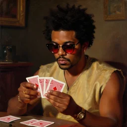 the weeknd wearing sunglasses and playing cards at night by giuseppe arcimboldo, brown skin, classical painting, digital painting, romantic, vivid color, red tint