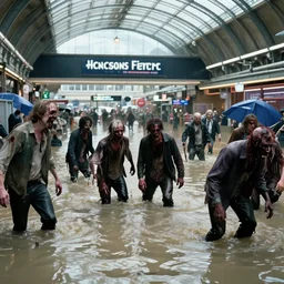 movie scene of zombie attack at flooded victoria station in london, chaos. zombies wading through water, roger deakins, cinematic, dramatic lighting, backlit, god rays, cinemascope, kodak shot on film